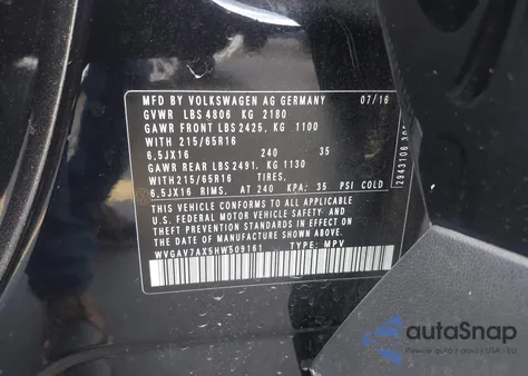 2017 Volkswagen Tiguan 2.0T S из США, поврежденный, VIN WVGAV7AX5HW509161